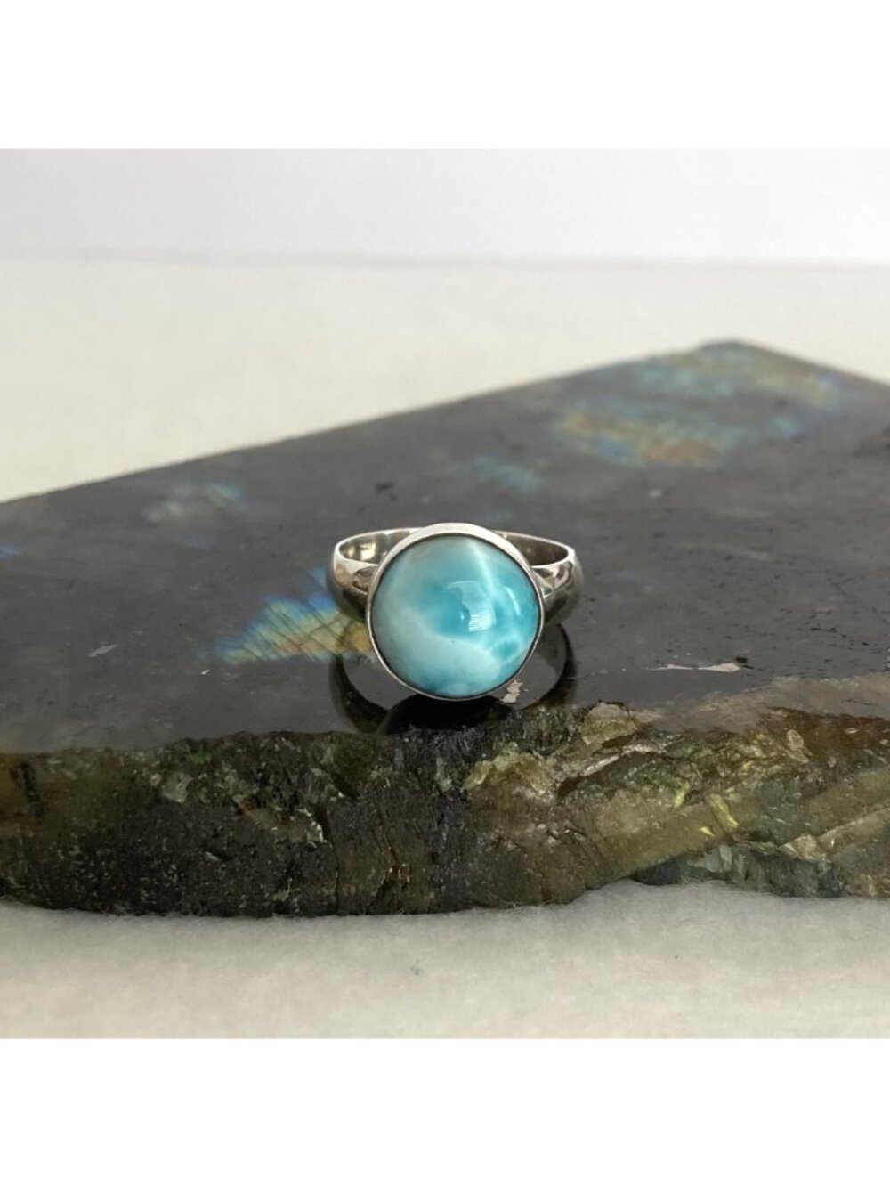Sterling Silver 925 Round Blue Larimar Cabochon Ring Sz 8 - Picture 15 of 16